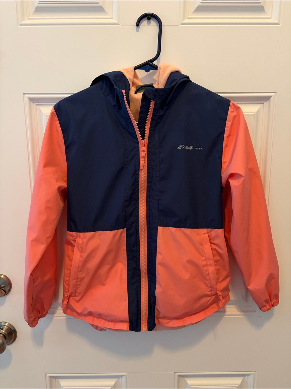 Eddie Bauer Navy and Coral Hooded Kids' Rain Jacket